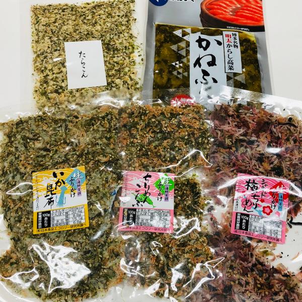 ごはんがすすむ！お得なふりかけ４点セット （当店特製ちりめん昆布 ・いか昆布・梅ちりめん各５０ｇたら昆布 ３５ｇ）＋からし高菜１００ｇ付
