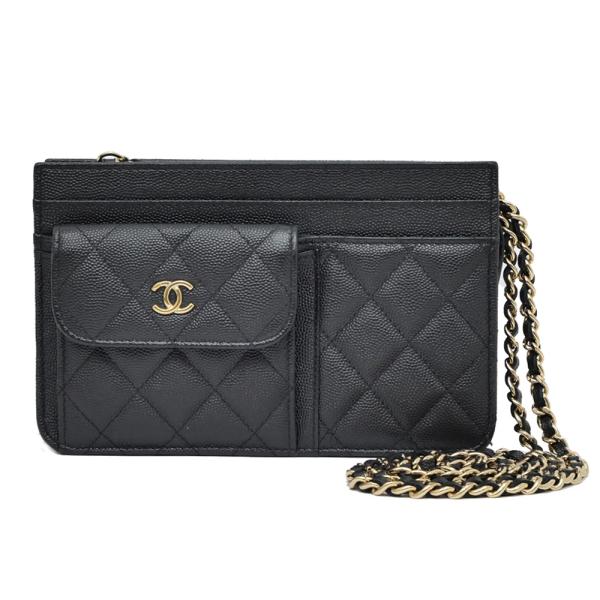 CHANEL ブラックレザーチェーンウォレット CHANEL】レザー キルティング チェーンウォレット ブラック