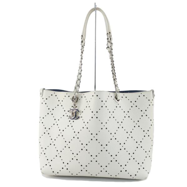 CHANEL ミニトートバッグ ココマーク パンチングレザー 肩掛け可 ホワイト