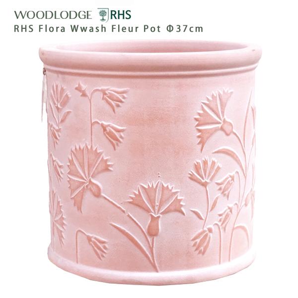 【在庫１点のみ】直径37cmWOODLODGE ウッドロッジ 植木鉢 シリンダー型 テラコッタ ホワイトウォッシュ フルール柄 RHS FLORA WW Fleur37　