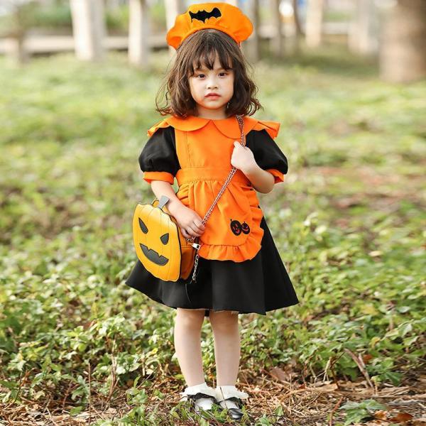 ハロウィン衣装 かぼちゃ カボチャ パンプキン ワンピース エプロン ドレス 3点セット 小悪魔魔女 女の子 子供用 仮装 魔法 髪飾り 黒 蝙蝠