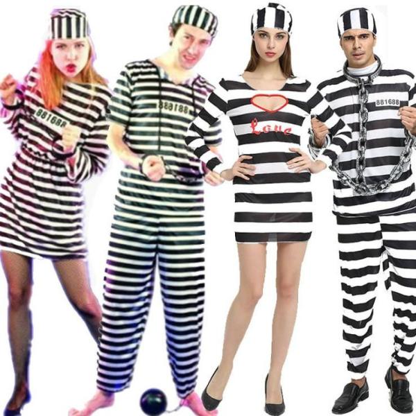 ハロウィン 囚人服 コスプレ ペア メンズ レディース コスチューム 衣装 大人用 長袖 ボーダー