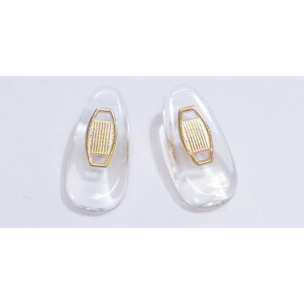 【Sサイズ】■汎用品　ソフトタイプのノーズパッド■１ペア■≪素材≫樹脂部分：ソフトＰＶＣ　　　芯金：亜鉛合金■≪サイズ≫１５．０ｍｍ×７．５ｍｍ■ネジ留めタイプ■芯金の色は金色になります■パッドの色は透明です■中国製■《補足情報》芯金の模様...