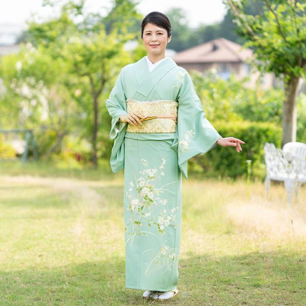 レンタル フルセット 夏用 単衣 訪問着 レンタル HEHO-MI069  新橋色 竜胆・小菊 結婚式 入学式 卒業式 ７５３ お宮参り パーティー 式典 安い