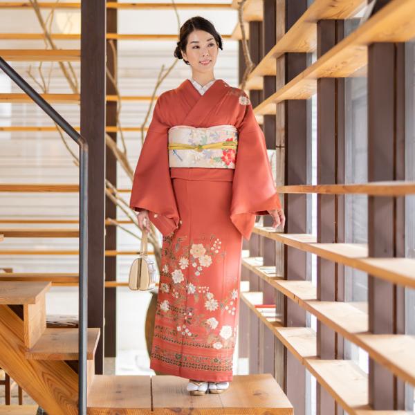 レンタル フルセット 高級正絹 訪問着 レンタル HO-MI209 赭色　花唐草文様  結婚式 入学式 卒業式 ７５３ お宮参り パーティー 式典 安い