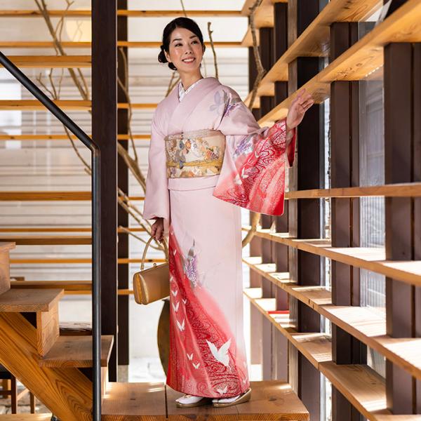 レンタル フルセット 高級正絹 訪問着 レンタル HO-MI219  桜色　蝶々  結婚式 入学式 卒業式 ７５３ お宮参り パーティー 式典 安い