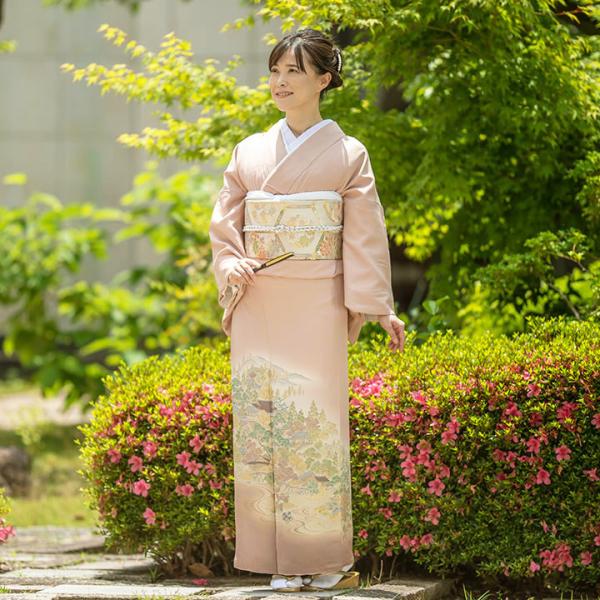 高級 色留袖レンタル　送料無料　ITS-MI017 正絹 珊瑚色 山水文様 正絹 結婚式 留袖 フルセット レンタル 母親 叔母 留袖 レンタル 叙勲 式典 フォーマル