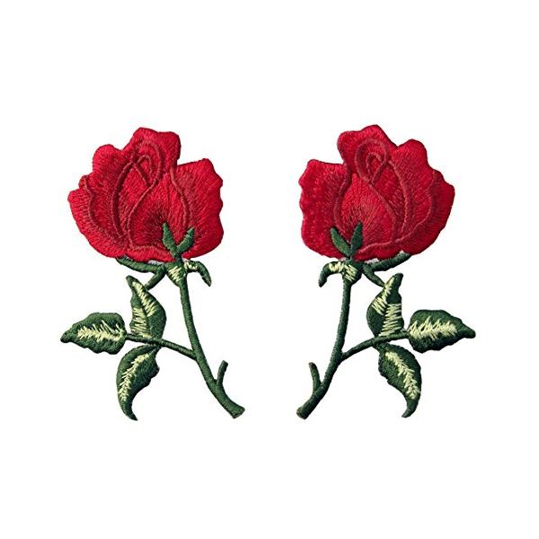 フラワーズ赤いバラ刺繍のバッジのアイロン付けまたは縫い付けるワッペン, 2枚装