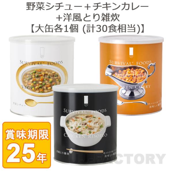 サバイバル フーズ オリジナルセット 約30食相当 洋風とり雑炊 大缶＋チキンカレー 大缶＋野菜シチュー 大缶 （25年保存備蓄食/非常食）