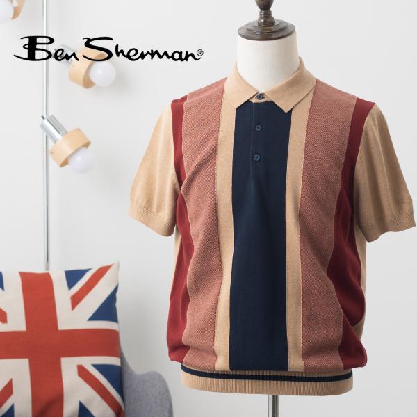 Ben Sherman ベンシャーマン メンズ 半袖ポロシャツ バーティカルストライプ ポロ レギュラーフィット ストーン コットン