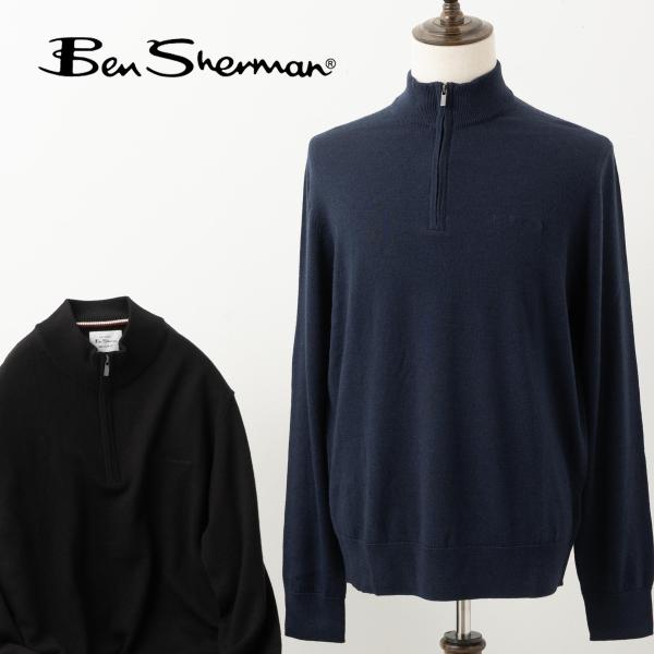 Ben Sherman ベンシャーマン 長袖ニット ハーフジップ メリノウール ファネルネック ブラック ダークネイビー レギュラーフィット