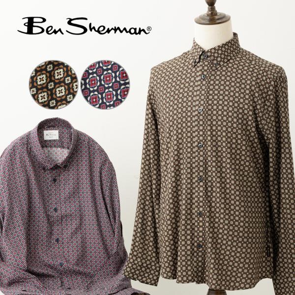 ベンシャーマン Ben Sherman 長袖シャツ フーラードプリント ジオメトリック ブロンズ ダークレッド MOD FIT ボタンダウン ビスコース