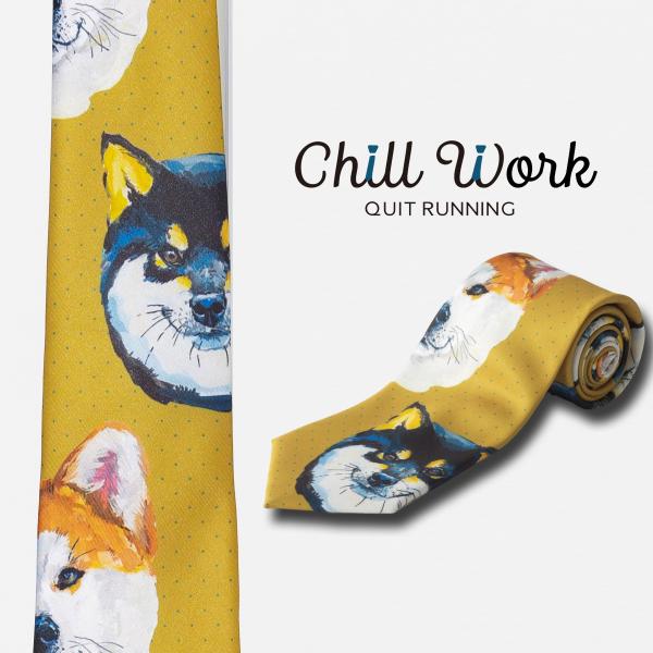 総柄とろみネクタイ ドッグ 柴犬 デザイン 洗えるイージーケア 太め マスタード イエロー CHILLWORK ウォッシャブル 洗濯OK レギュラータイ チルワーク メンズ