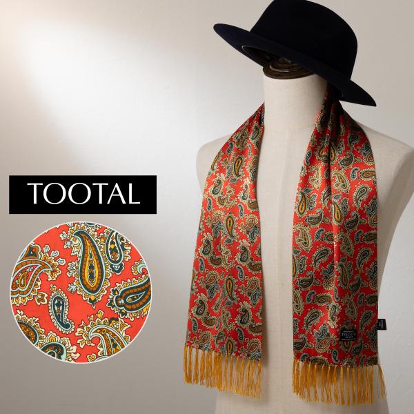 Tootal Vintage ユニセックス ピュア シルク スカーフ ストール スクーター オレンジ レッド ペイズリー トゥータル ヴィンテージ UKデザイン フリンジ