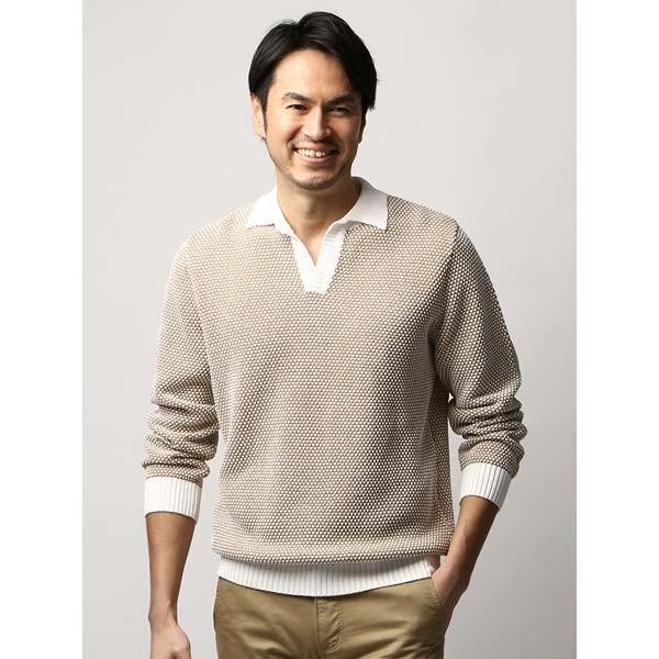 ニット メンズ Sofa 美濃和紙ブレンド 編地柄スキッパーカラーニット