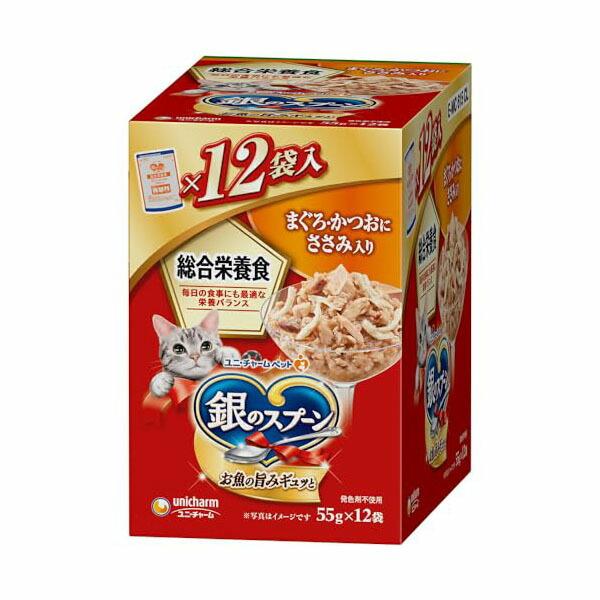 ユニ・チャーム 銀のスプーンパウチ総合栄養食 まぐろ・かつおにささみ入り 55g 安心素材 ×72袋