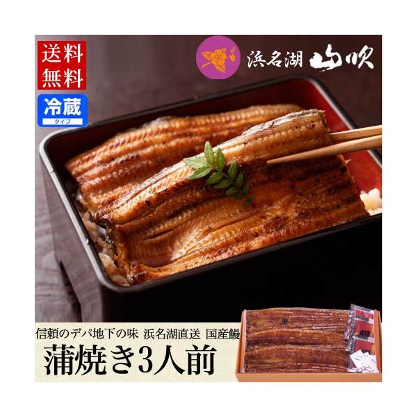 うなぎ浜名湖山吹では、国産の厳選した上質のウナギを、うなぎ一筋70余年の職人が丹精こめて調理しています。関東風でほどよく脂ののったやわらかうなぎを秘伝のタレで焼き上げた真空パック蒲焼き3本の詰め合わせです。商品内容：国産うなぎの真空長蒲焼き...