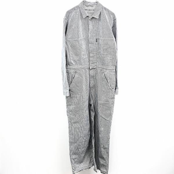 DOG HOUSE ドッグハウス M メンズ ヒッコリーデニム つなぎ ジャンプスーツ ボイラースーツ 裾カットオフ 長袖 綿100% ブル×ホワイト 青