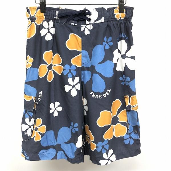 T＆C Surf Designs - L メンズ 水着 スイムショーツ ショートパンツ ハーフ カーゴ メッシュ裏地付き ウエストにゴムと紐 花柄 ポリ100% 紺