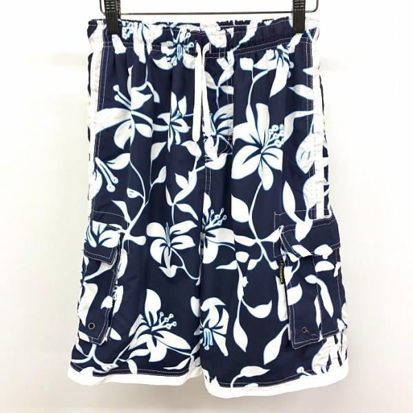 Palmwave - S メンズ 水着 スイムショーツ ショート カーゴハーフパンツ 花柄 メッシュのインナーショーツ ウエストにゴムと紐 ポリ100% 紺