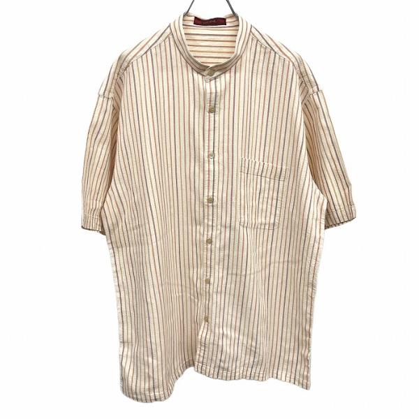 Drawer コットンストライプ バンドカラー シャツ グレー 005オーガニックコットンバンドカラーシャツ（グレーストライプ