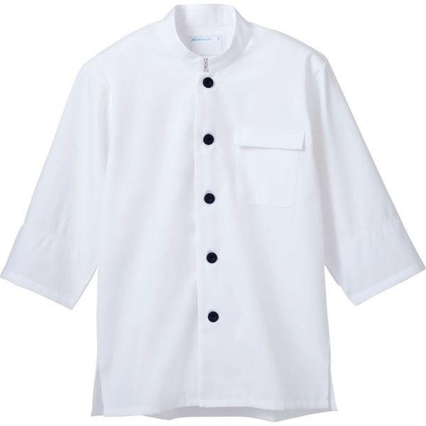 ■使用素材：制電交織タッサー ポリエステル85％・綿15％■素材特徴：リップガード 耐久防汚加工（調理オイル対応） フェードガード（退色防止加工） 制電素材■形状特徴：七分袖 ペンさし 袖口ネット 裾スリット入り