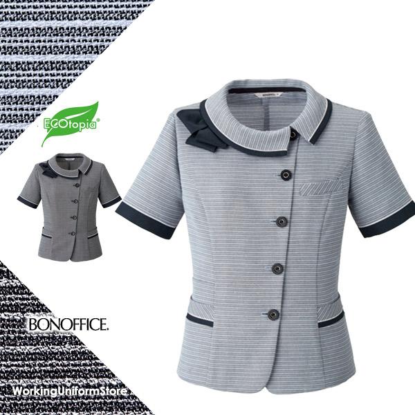 【エコ素材】事務服 オーバーブラウス AJ0849 ボンオフィス セレストボーダー