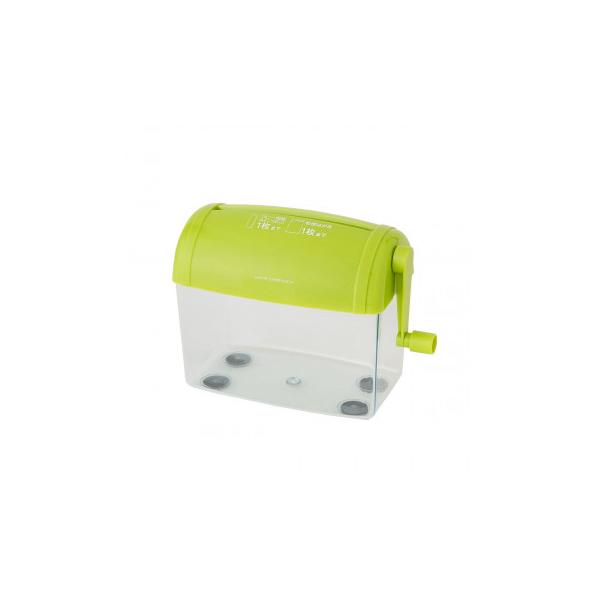 はがきサイズ(A6サイズ)対応の、握って使う手回し式のシュレッダーです。机や棚の上に立てて置いたり、引出しの中にも収納できるコンパクト＆スタイリッシュなデザインです。