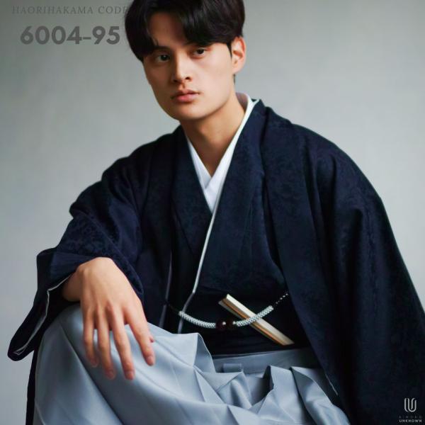 【レンタル】【対応身長170cm-180cm】男性用羽織り袴フルセットremhs-6004-95｜ 夢助｜ネイビーボタニカル柄着物｜ネイビーボタニカル柄羽織｜グレー馬乗り袴｜