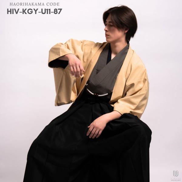【レンタル】【対応身長160cm-170cm】男性用羽織り袴フルセットremhs-hiv-kgy-u11-87｜グレー無地着物｜アイボリー無地羽織｜ブラック馬乗り袴｜