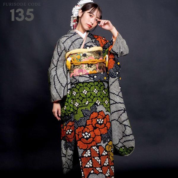 振袖 金彩 しぼり 花柄 裏二重 本振袖 正絹 成人式 前撮り 対応身長160cm〜175cm】【正絹】成人式レンタル振袖フルセット-135 花