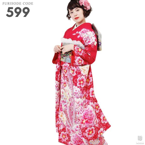 805.正絹 振袖、赤、165ぐらい