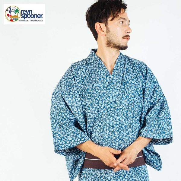 /浴衣+帯+下駄+腰紐/レインスプーナー アロハ柄浴衣セット/アロハ/メンズ浴衣/紳士用/ハワイ/ブランド/4点セット/花柄/小柄/白/ネイビー/青/