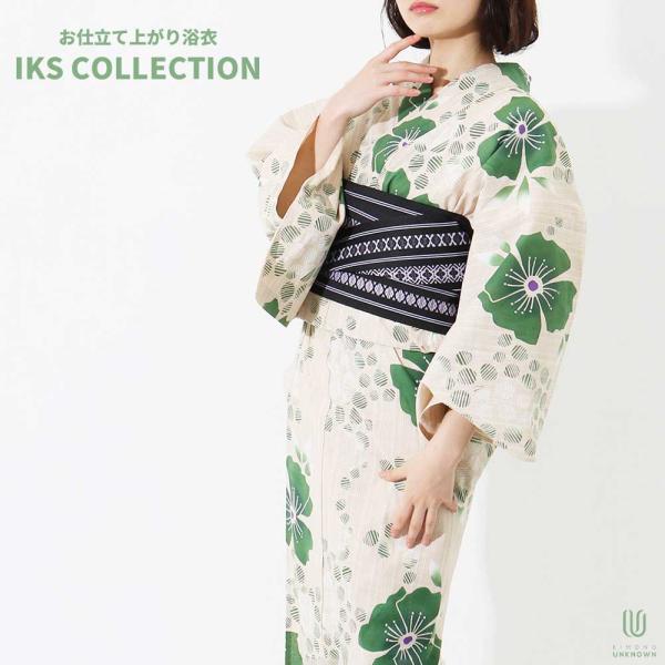 レディース浴衣_ゆかた_単品_IKS COLLECTION注染-悦-_すぐに着られるお仕立て上がり浴衣 花柄 クローバー 生成地 ベージュ 緑