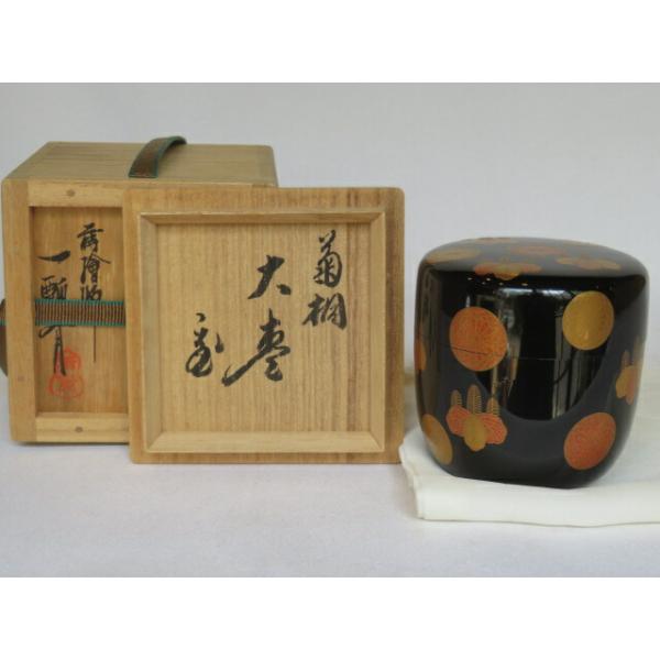 三月◇特売品）平安蒔絵師 一瓢斎作 菊桐蒔絵大棗 黒真塗内銀溜 〔鵬