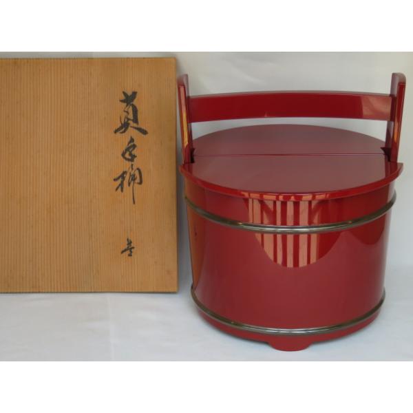 六月☆特売品)輪島塗 茶平一斎作 朱 銀箍 真手桶水指 江岑好 六月☆特売品)輪島塗 茶平一斎作 朱 銀箍 真手桶水指 江岑好