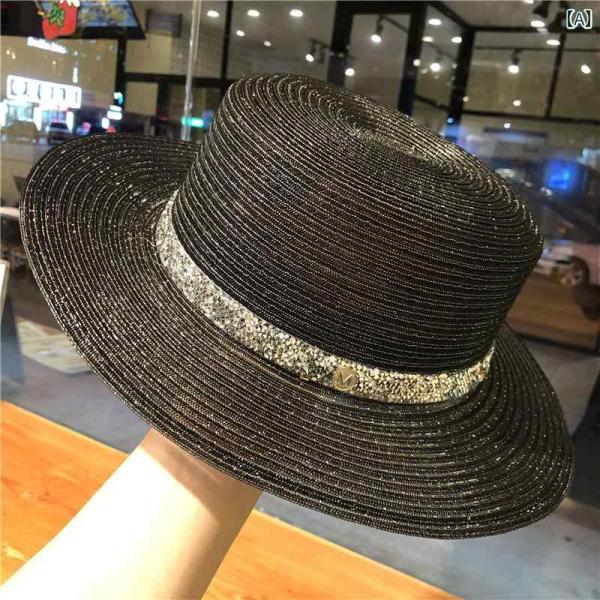 カンカン帽 レディース 帽子 春夏 日よけ ハット かわいい おしゃれ 海辺 ビーチ 旅行 レトロ 日焼け防止 サンシェード 光沢 ラインストーン カジュアル フラッ