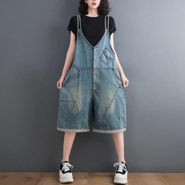 デニムサロペット レディース 女性用 ショート丈 ゆったり ルーズフィット ウォッシュ加工 ライトブルー カジュアル ナチュラル 春夏