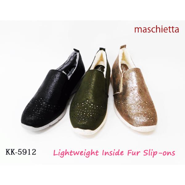【訳アリ】maschietta 3E 軽量 スリッポン 白底 キレイめ カジュアル スニーカー ウイングチップ 内側ファー 柔らかい 暖かい 屈曲 クッション KK5912