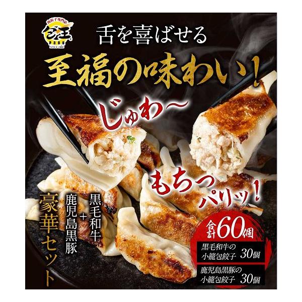 黒毛和牛の肉大盛餃子+鹿児島黒豚の肉盛餃子（各27g30個）餃子 ギョウザ 大容量 お取り寄せ 食品 冷凍 グルメ 国産牛 ギフト贈答 贈り物 点心 惣菜 おつまみ