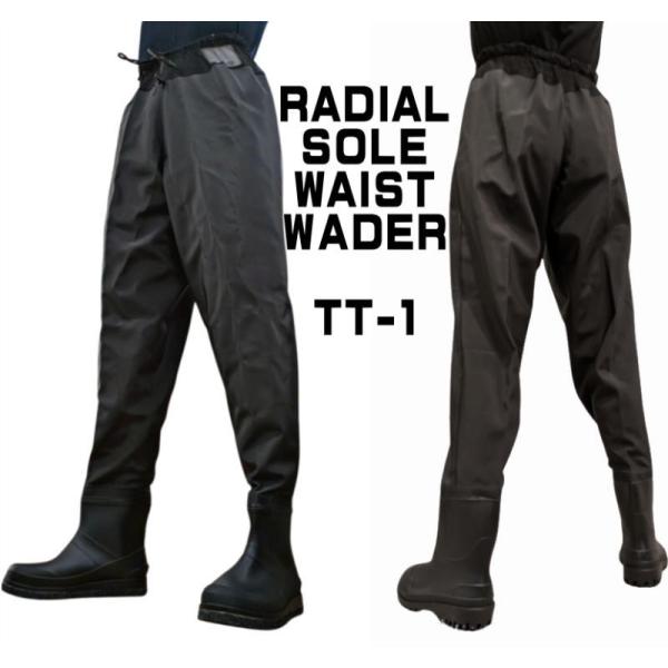 商品情報■型番：TT-1■カラー：ブラック■靴底素材:ラジアル■素材：ＰＶＣ商品説明海に川に湖に！！立ち込んで釣りをするなら必須アイテムのウェーダーですソールはグリップのいい深溝のラジアル底で、船上でも使え、スパイクとは違って音も少なく、床...