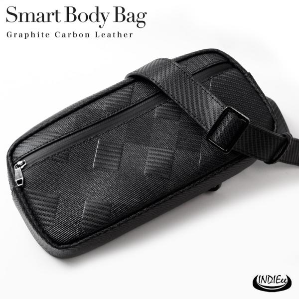 最終価格⭐️確実正規品 黒 レザー ボディバッグ 調整可能ストラップ INDIEee 本革 インディ グラフィット カーボンレザー スマート ボディ