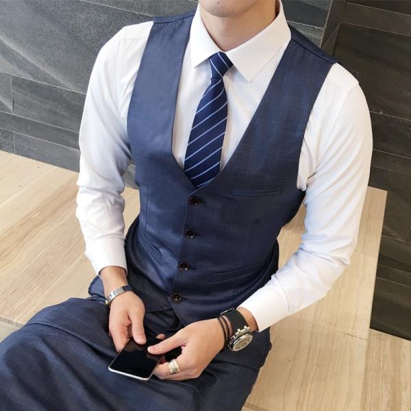 格子柄 光沢 メンズ 3P セットアップ スーツ 上下セット 男