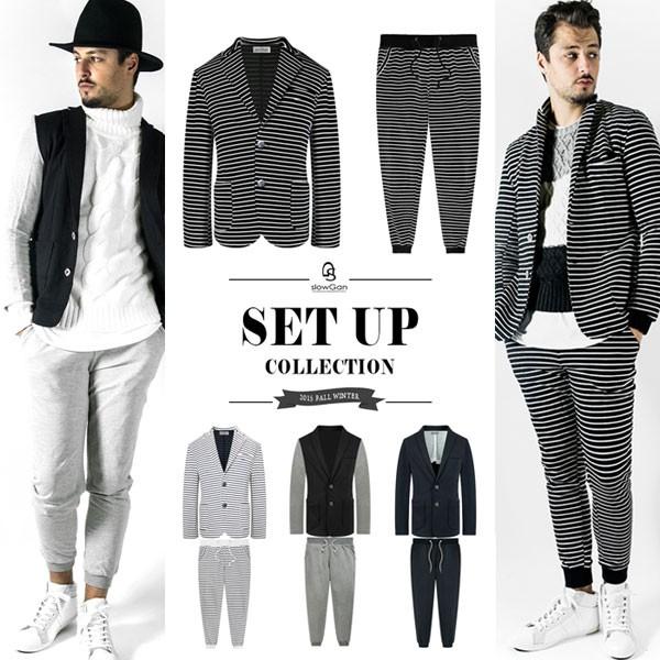 Slowgan スローガン ボーダーセットアップ メンズ テーラードジャケット スウェットパンツ 2ピース Www Purrworld Com