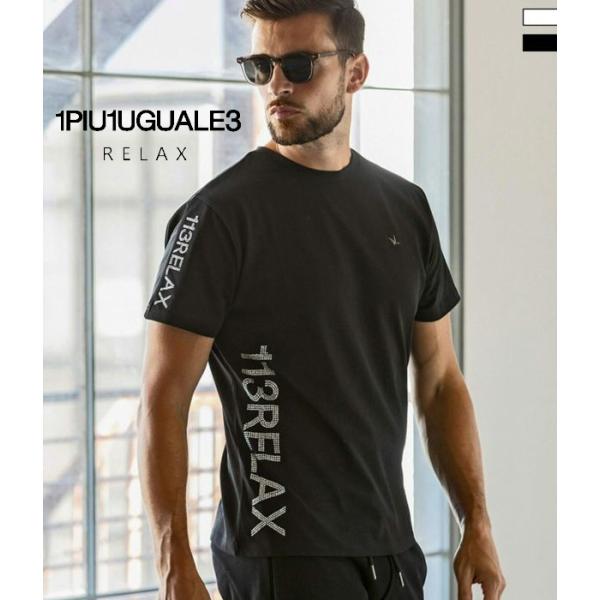 1PIU1UGUALE3 RELAX ウノピゥウノウグァーレトレ リラックス ラインストーンロゴTシャツ メンズ 半袖 カットソー カジュアル スポーツ ジム インナー