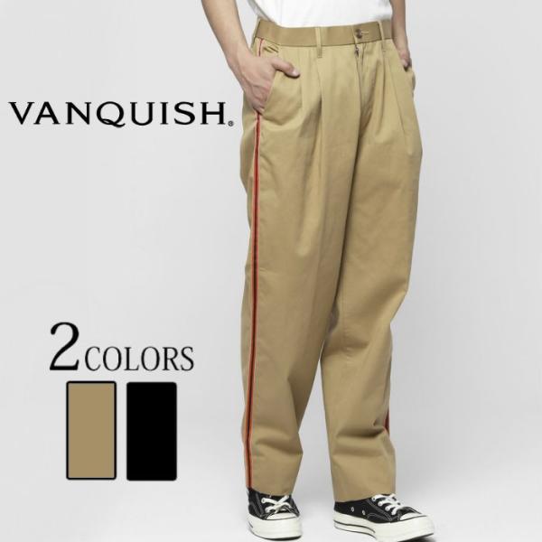 SALE 60%OFF VANQUISH ヴァンキッシュ サイドラインワイドチノパンツ メンズ ラインパンツ 太め ビッグシルエット ストリート ベージュ ブラック