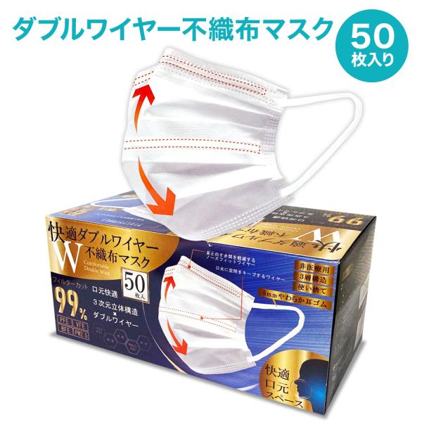 他サイト： 快適 ダブルワイヤー 不織布 マスク 50枚入 ふつうサイズ | 息がしやすい 耳が痛くなりにくい 男性 女性 大人用 不織布 3層構造 99％カットの商品画像