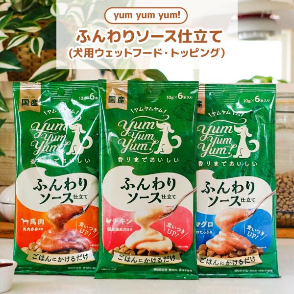 yumyumyum ふんわり ソース 仕立て チキン 馬肉 マグロ 10g 3袋セット 犬用｜国産 無添加 ドッグフード 国産原材料使用 トッピング ご飯 食いつき