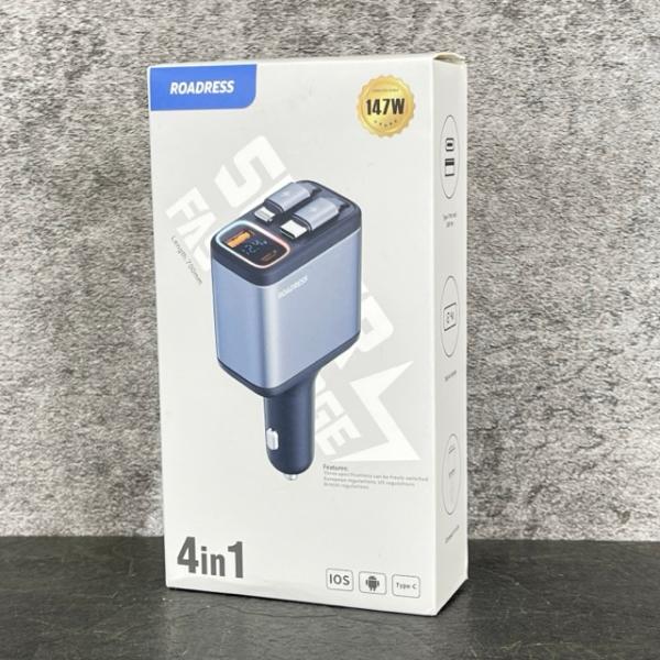 送料無料 新品 ROADRESS 車載用 シガーソケット 4in1 充電器 USB 巻き取り式ケーブル2本付き/900362在★63