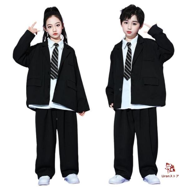 黒 白 ダンス衣装 キッズ ダンススーツ ヒップホップ 女の子 男の子 発表会 長袖 シャツ ジャケット ロングパンツ ネクタイ セットアップ かっこいい K-POP 男女